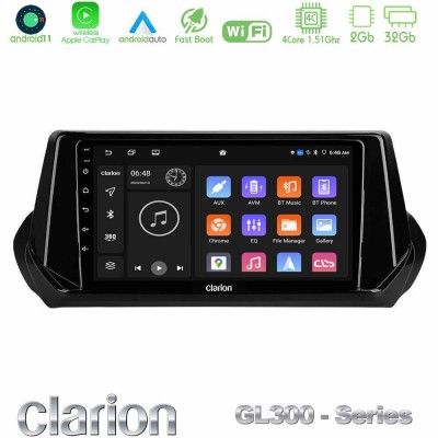 Clarion GL300 Series 4Core Android11 2+32GB Peugeot 208 2019-2023 Navigation Multimedia Tablet 9