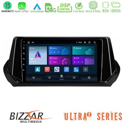 Bizzar Ultra Series Peugeot 208 2019-2023 8Core Android13 8+128GB Navigation Multimedia Tablet 9