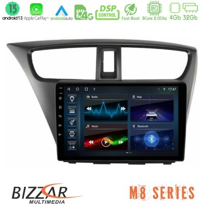 Bizzar M8 Series Honda Civic Hatchback 2012-2015 8core Android13 4+32GB Navigation Multimedia Tablet 9