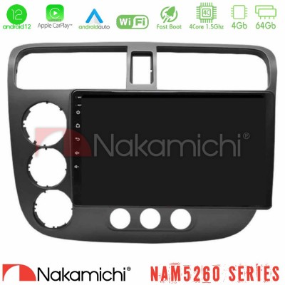 Nakamichi NAM5260 Series 4Core Android12 4+64GB Honda Civic 2001-2005 Navigation Multimedia Tablet 9