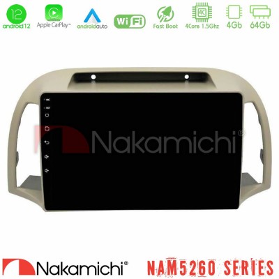 Nakamichi NAM5260 Series 4Core Android12 4+64GB Nissan Micra K12 2002-2010 Navigation Multimedia Tablet 9