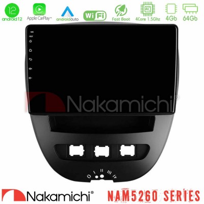 Nakamichi NAM5260 Series 4Core Android12 4+64GB Toyota Aygo/Citroen C1/Peugeot 107 Navigation Multimedia Tablet 10