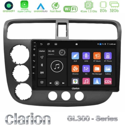 Clarion GL300 Series 4Core Android11 2+32GB Honda Civic 2001-2005 Navigation Multimedia Tablet 9