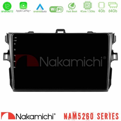 Nakamichi NAM5260 Series 4Core Android12 4+64GB Toyota Corolla 2007-2012 Navigation Multimedia Tablet 9